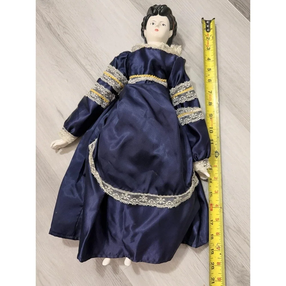 Vintage Handmade Ceramic China-Style Lady Doll 20 Inch Navy Satin Lace Dress